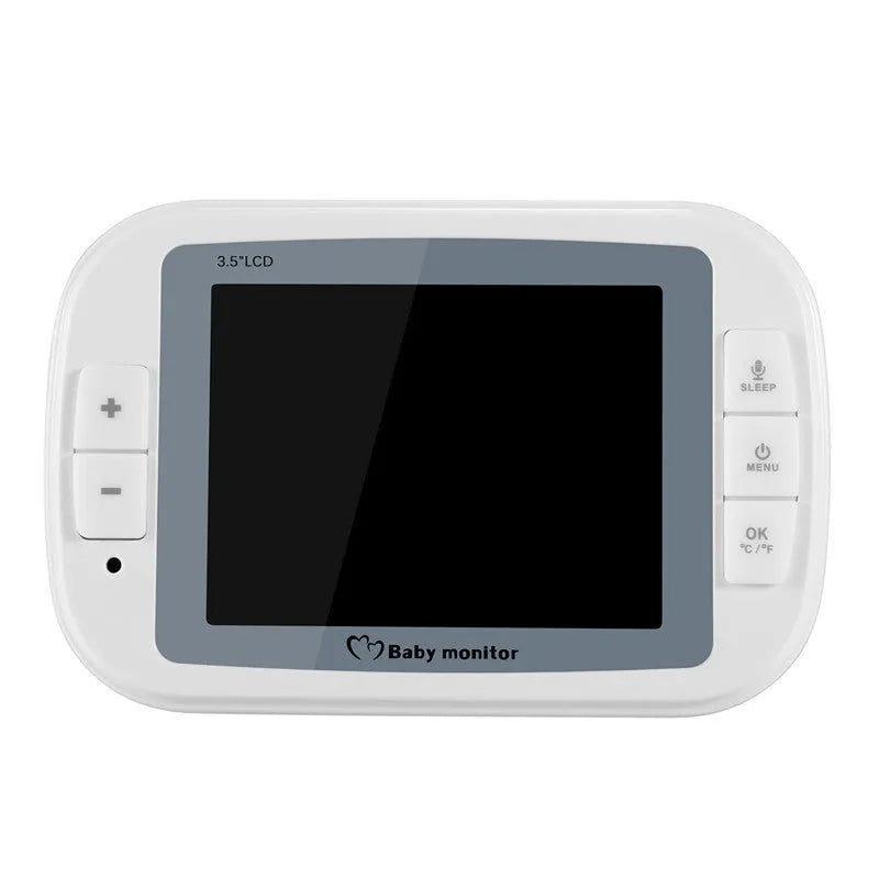 White 3.5 inch digital wireless baby monitor with UFO-style camera showing night vision and temperature monitoring features