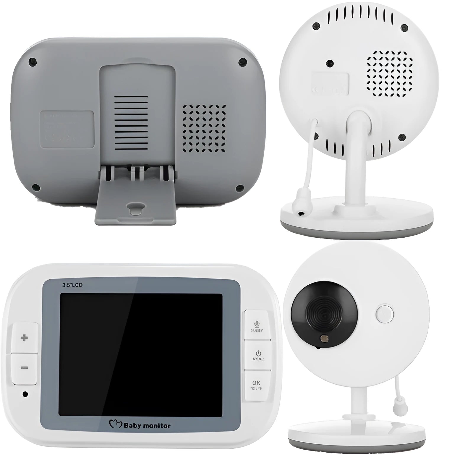 White 3.5 inch digital wireless baby monitor with UFO-style camera showing night vision and temperature monitoring features