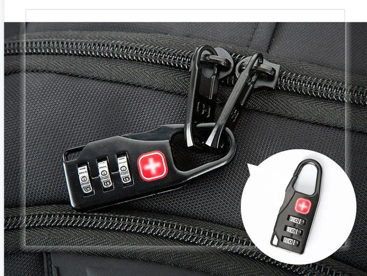 Black nylon backpack with USB port and padded laptop compartment for 15 or 17 inch devices