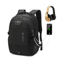 Black nylon backpack with USB port and padded laptop compartment for 15 or 17 inch devices