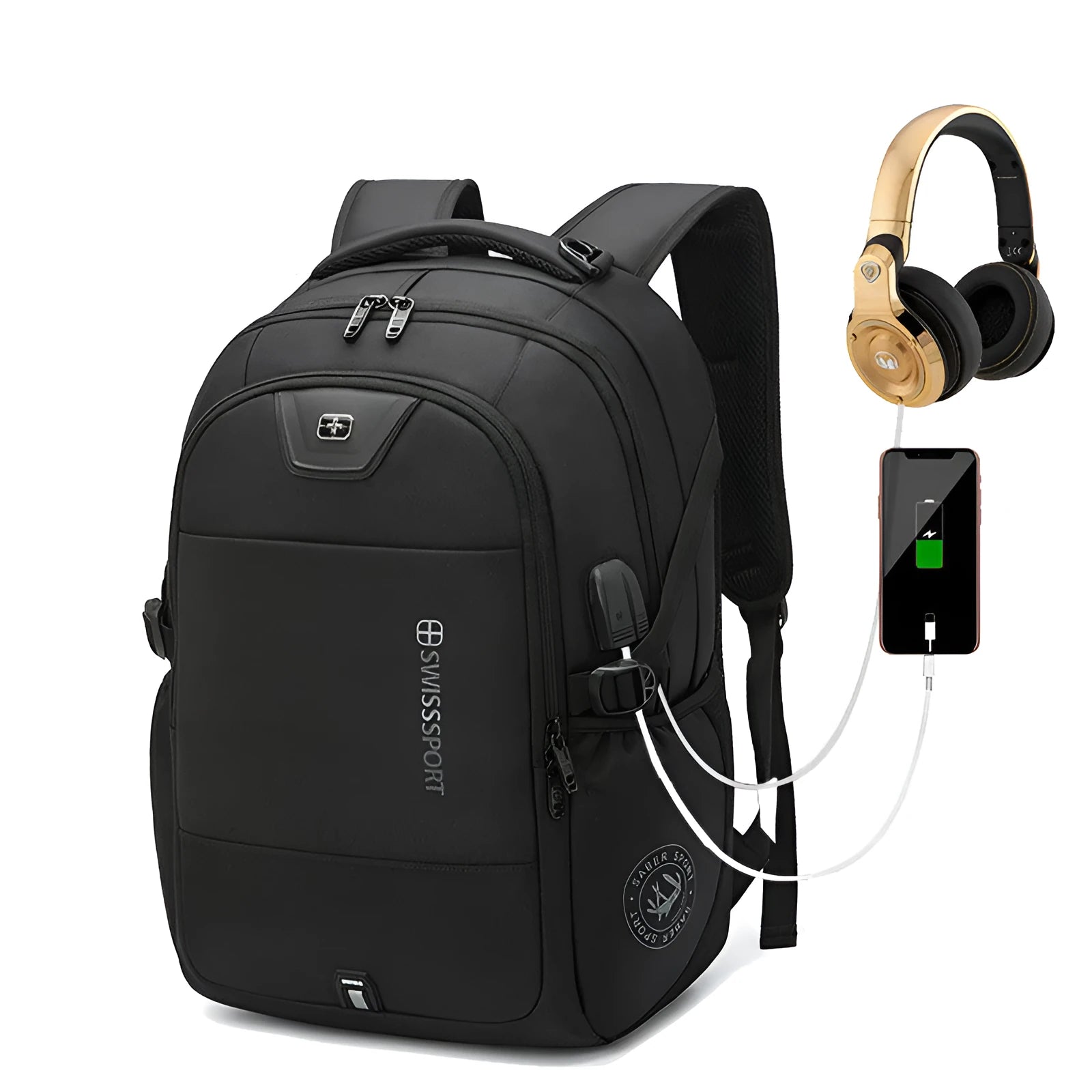 Black nylon backpack with USB port and padded laptop compartment for 15 or 17 inch devices