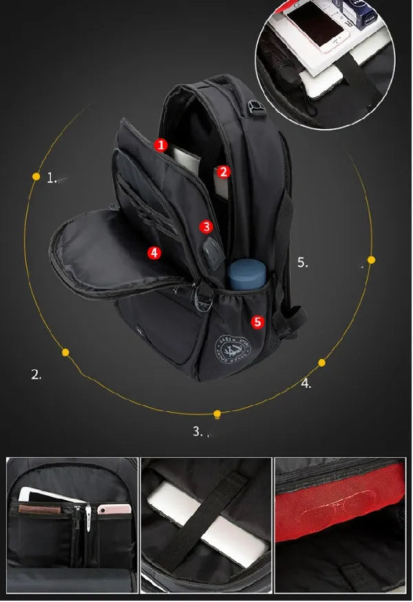 Black nylon backpack with USB port and padded laptop compartment for 15 or 17 inch devices
