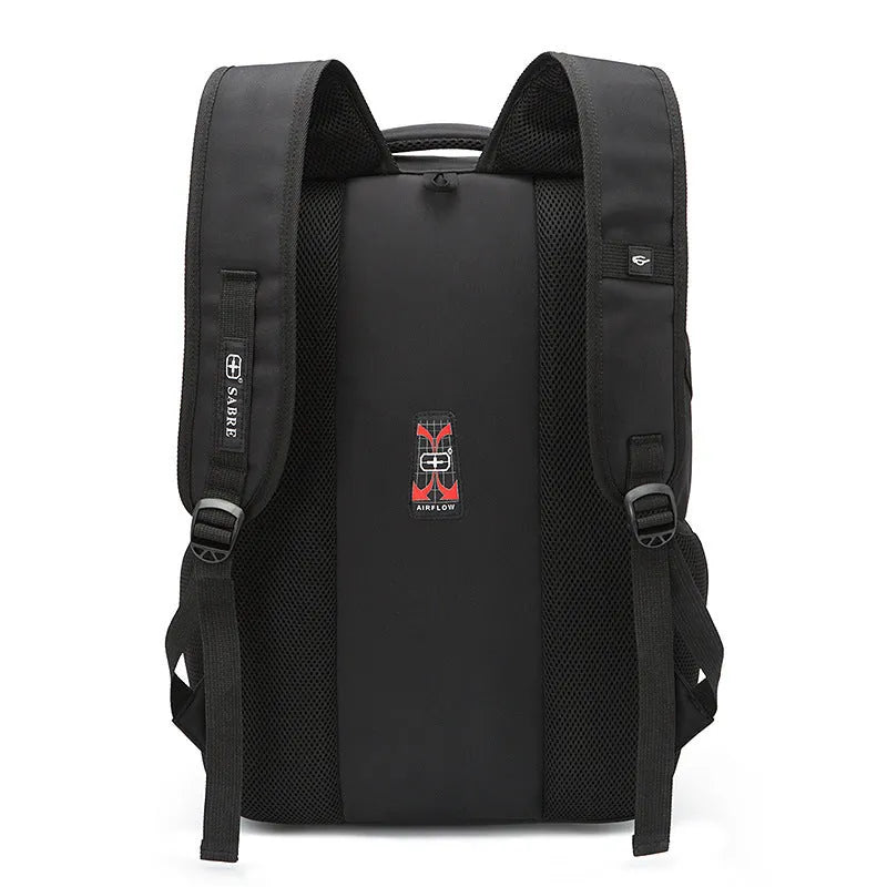 Black nylon backpack with USB port and padded laptop compartment for 15 or 17 inch devices
