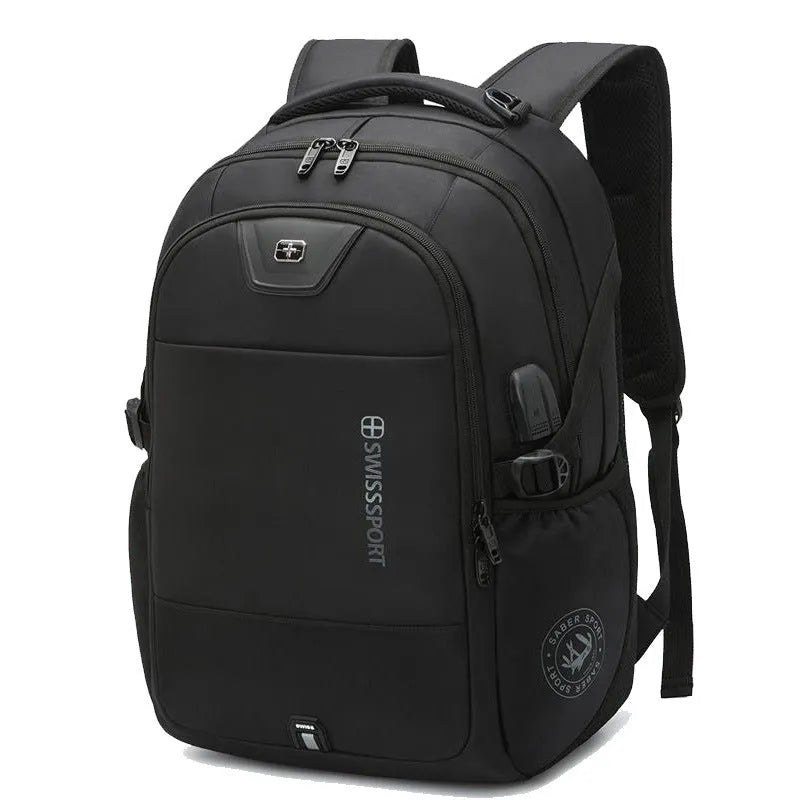 Black nylon backpack with USB port and padded laptop compartment for 15 or 17 inch devices