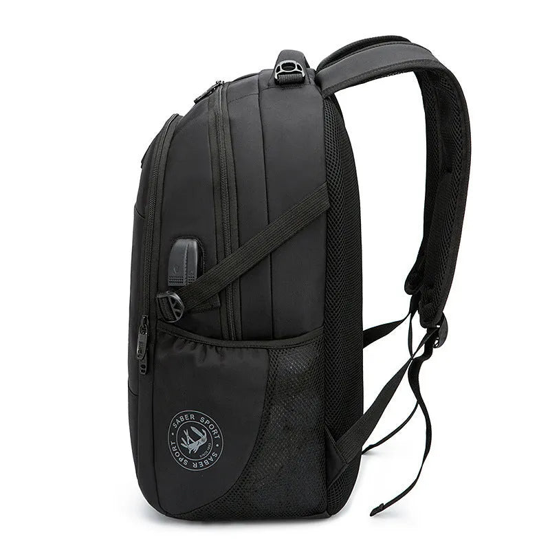 Black nylon backpack with USB port and padded laptop compartment for 15 or 17 inch devices