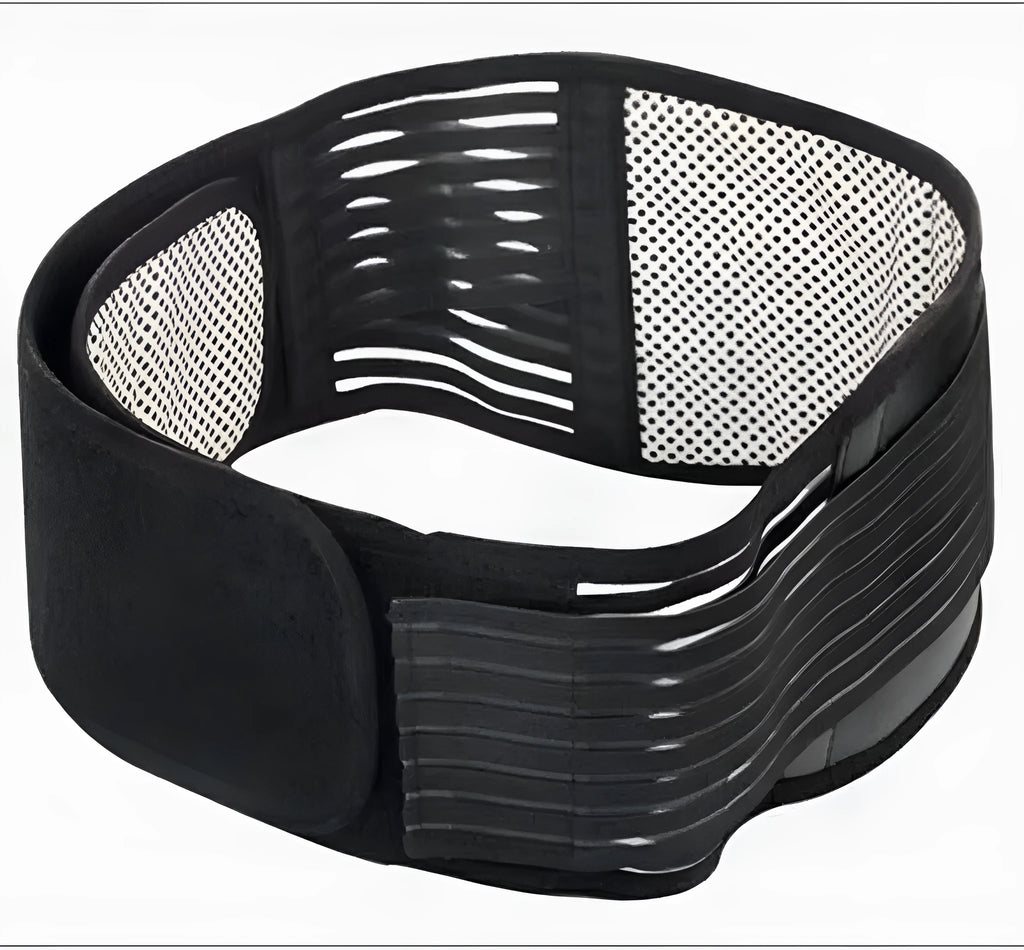 Self-heating waist protection belt in elastic cloth material with magnetic fastening, shown in black colour