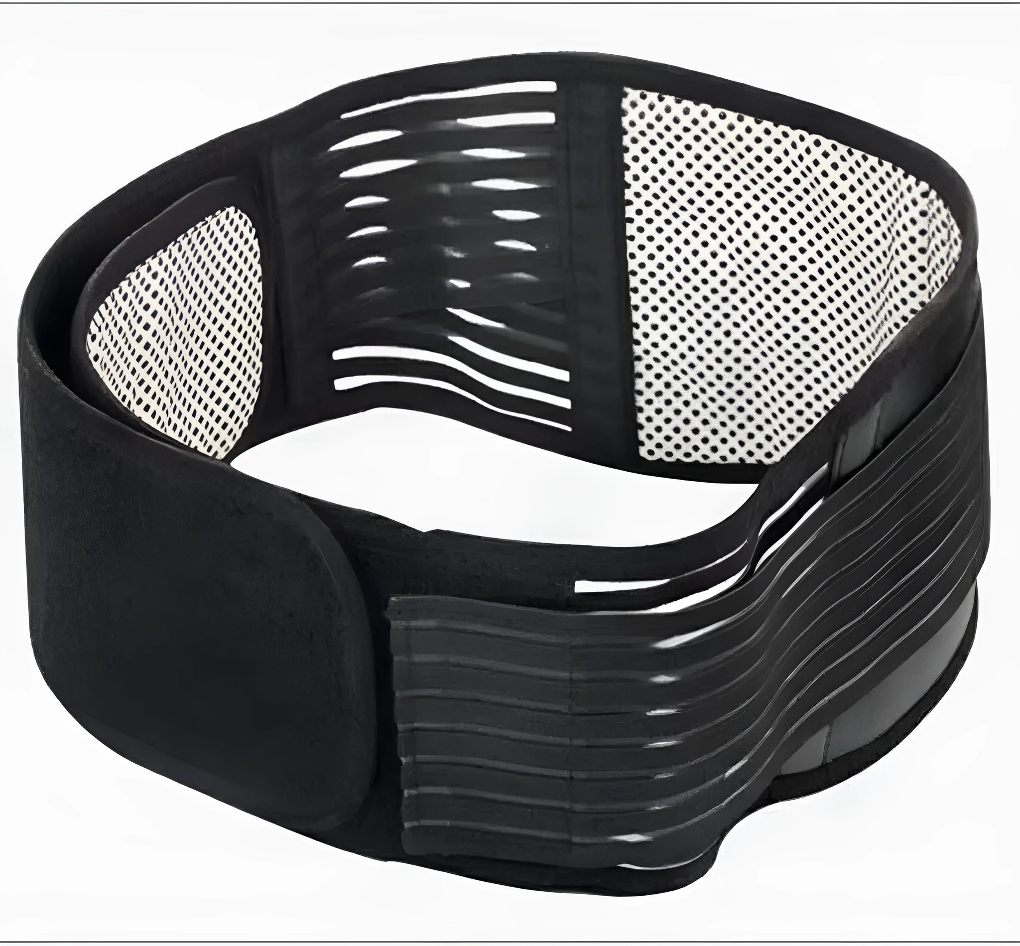 Self-heating waist protection belt in elastic cloth material with magnetic fastening, shown in black colour