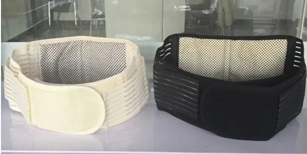 Self-heating waist protection belt in elastic cloth material with magnetic fastening, shown in black colour