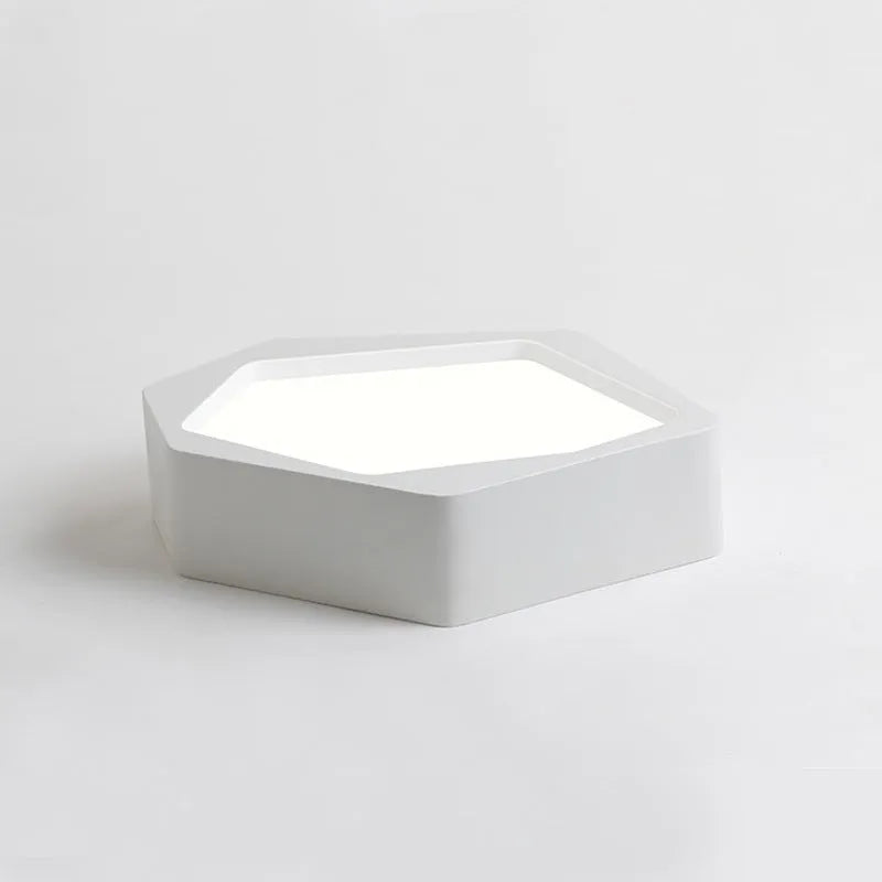 Geometric shaped LED ceiling light with iron shade in black or white frame options