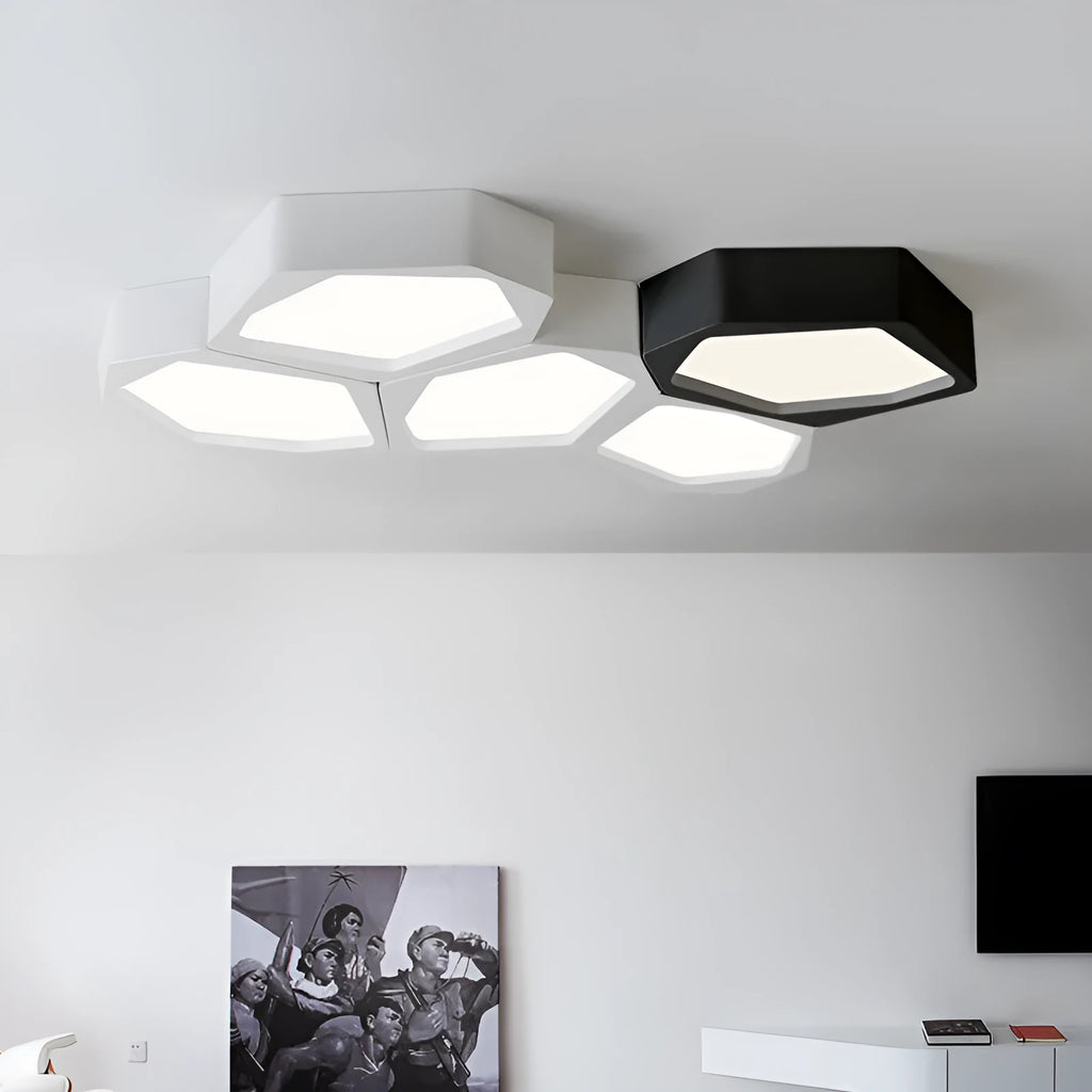 Geometric shaped LED ceiling light with iron shade in black or white frame options