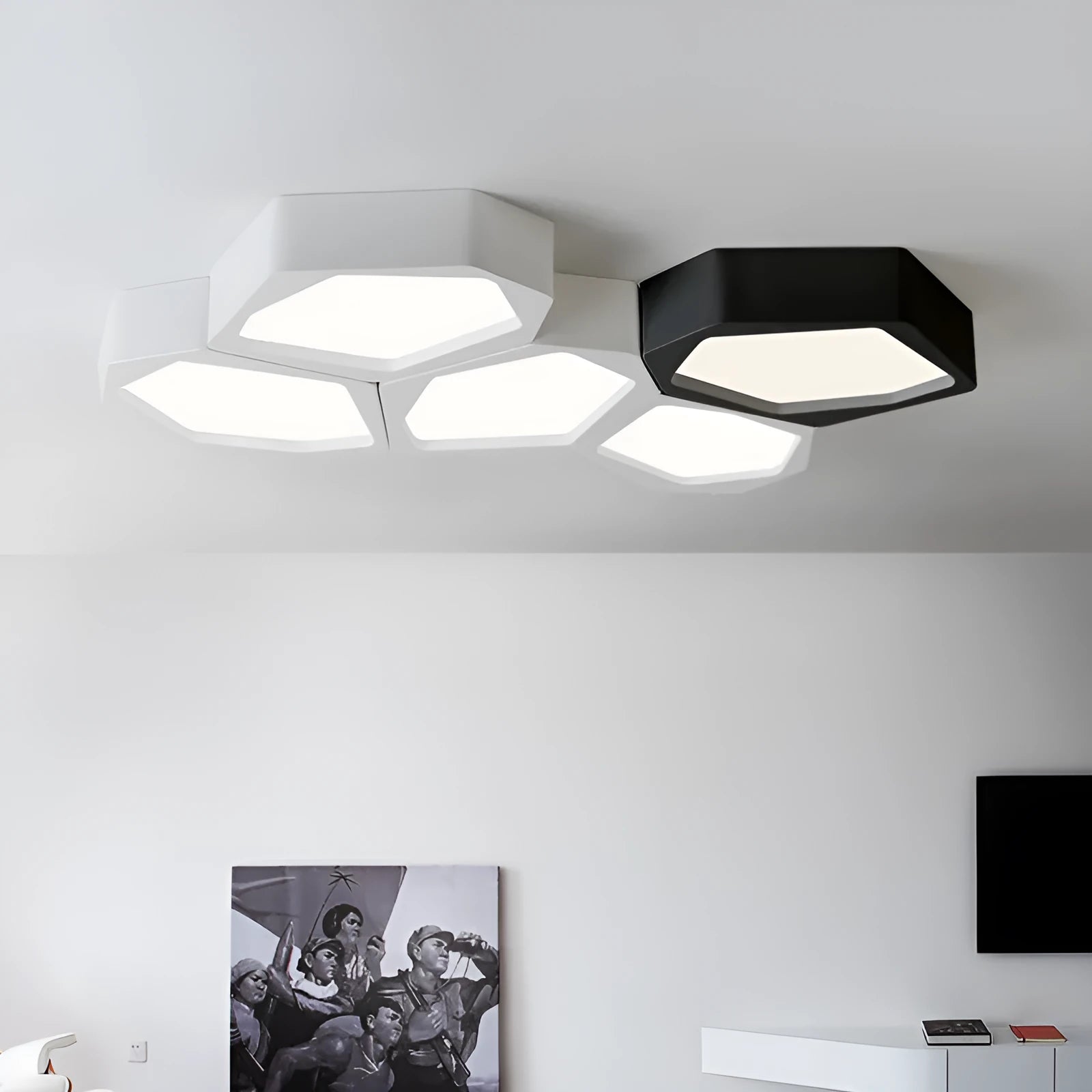 Geometric shaped LED ceiling light with iron shade in black or white frame options