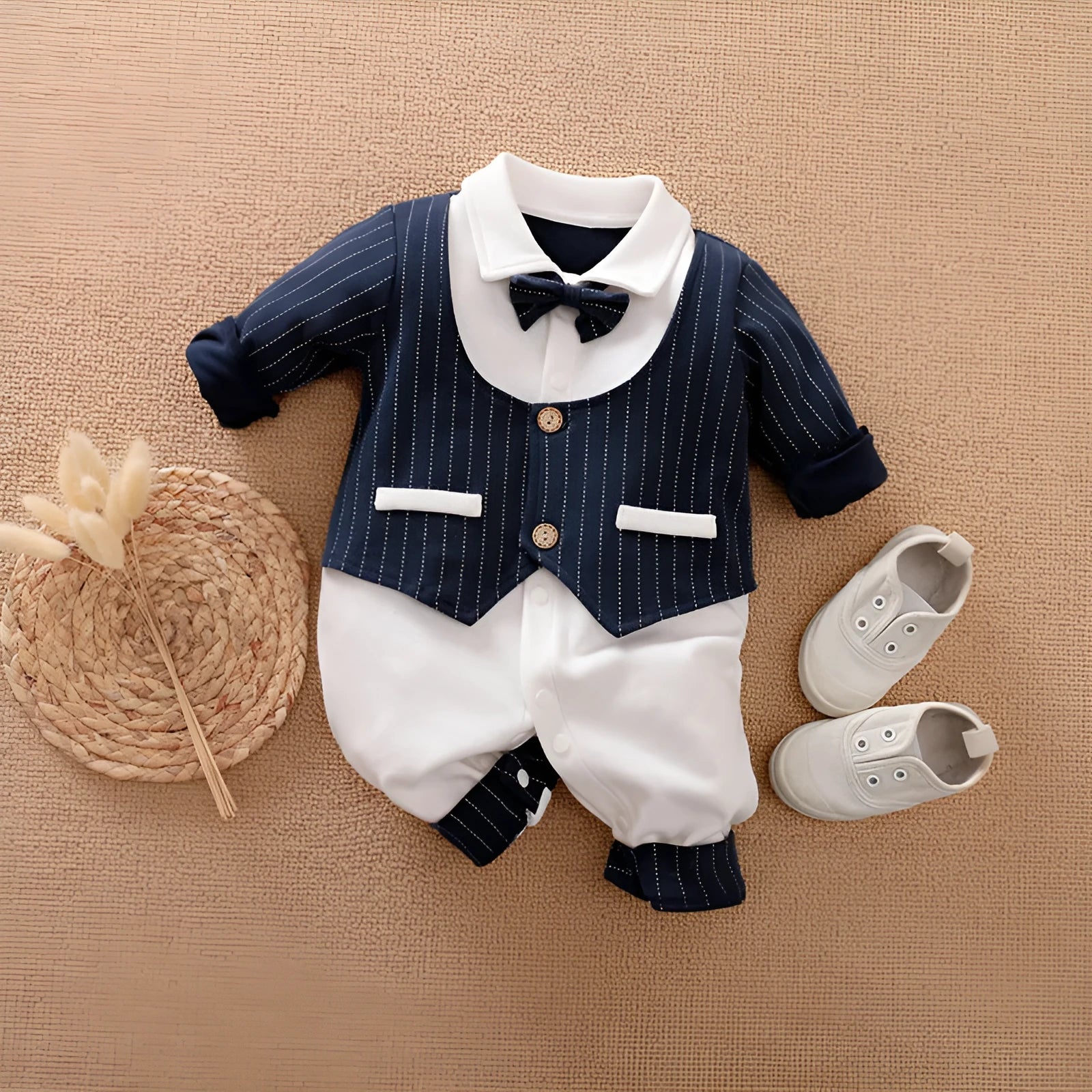 Baby jumpsuit in navy blue gentleman style with long sleeves for spring and autumn wear