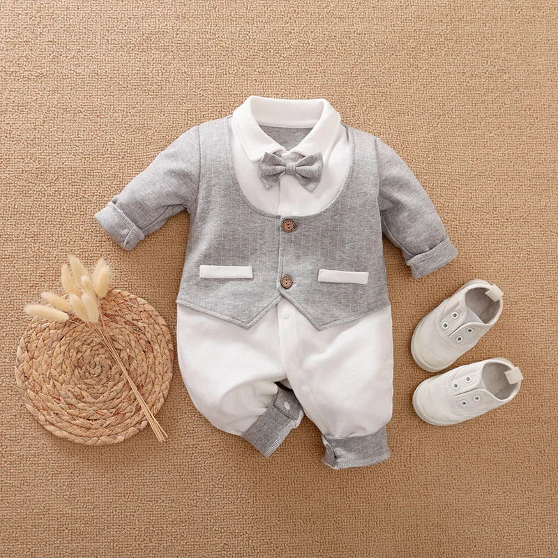 Baby jumpsuit in navy blue gentleman style with long sleeves for spring and autumn wear