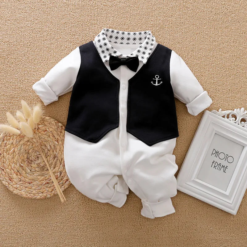 Baby jumpsuit in navy blue gentleman style with long sleeves for spring and autumn wear