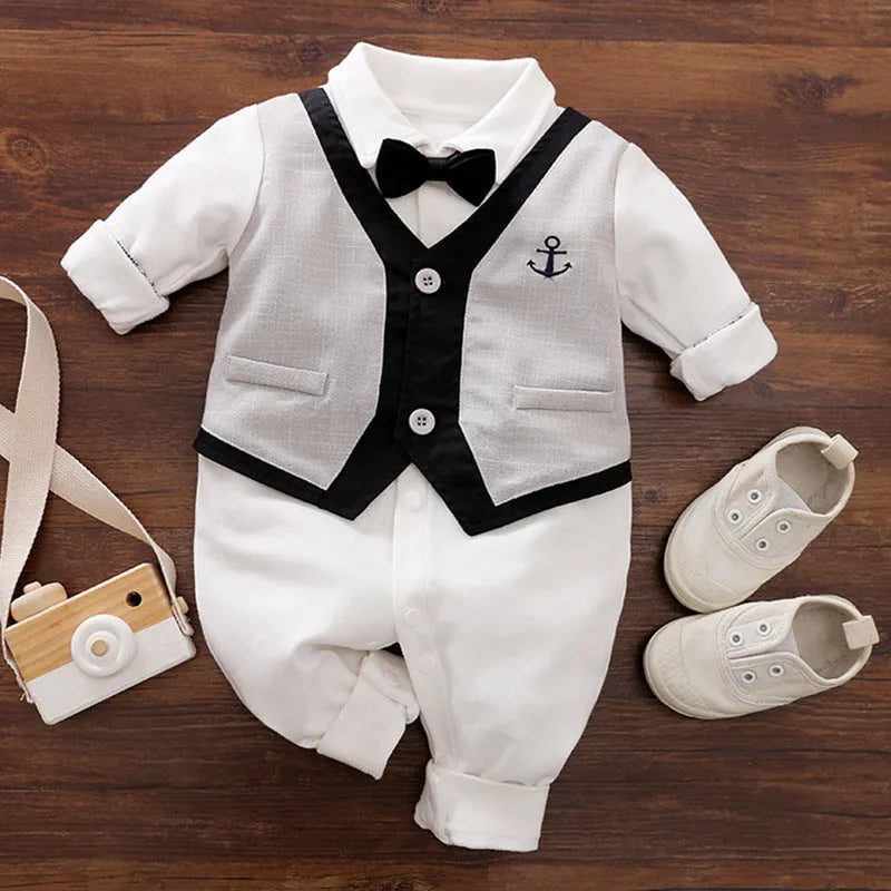 Baby jumpsuit in navy blue gentleman style with long sleeves for spring and autumn wear