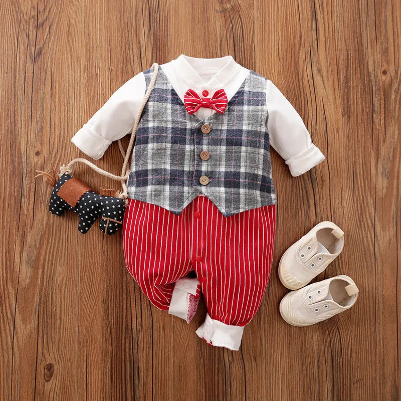 Baby jumpsuit in navy blue gentleman style with long sleeves for spring and autumn wear