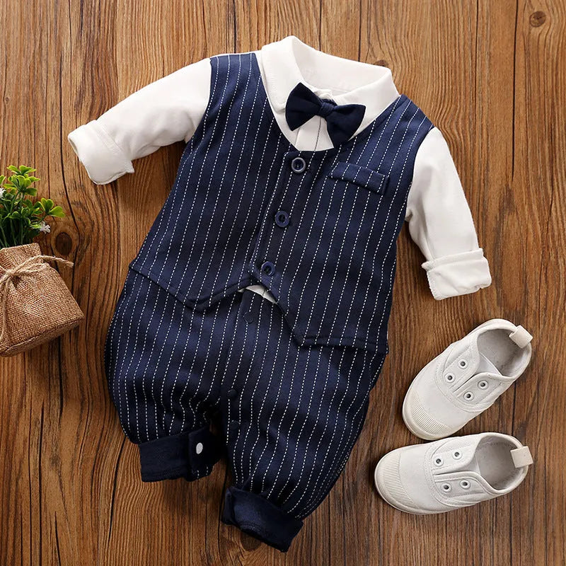 Baby jumpsuit in navy blue gentleman style with long sleeves for spring and autumn wear