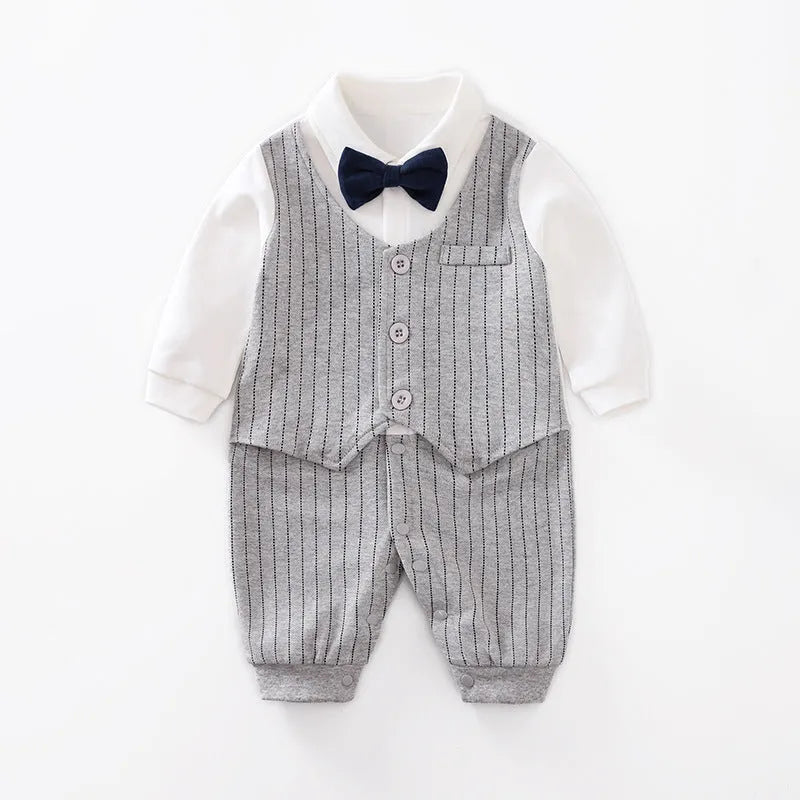 Baby jumpsuit in navy blue gentleman style with long sleeves for spring and autumn wear