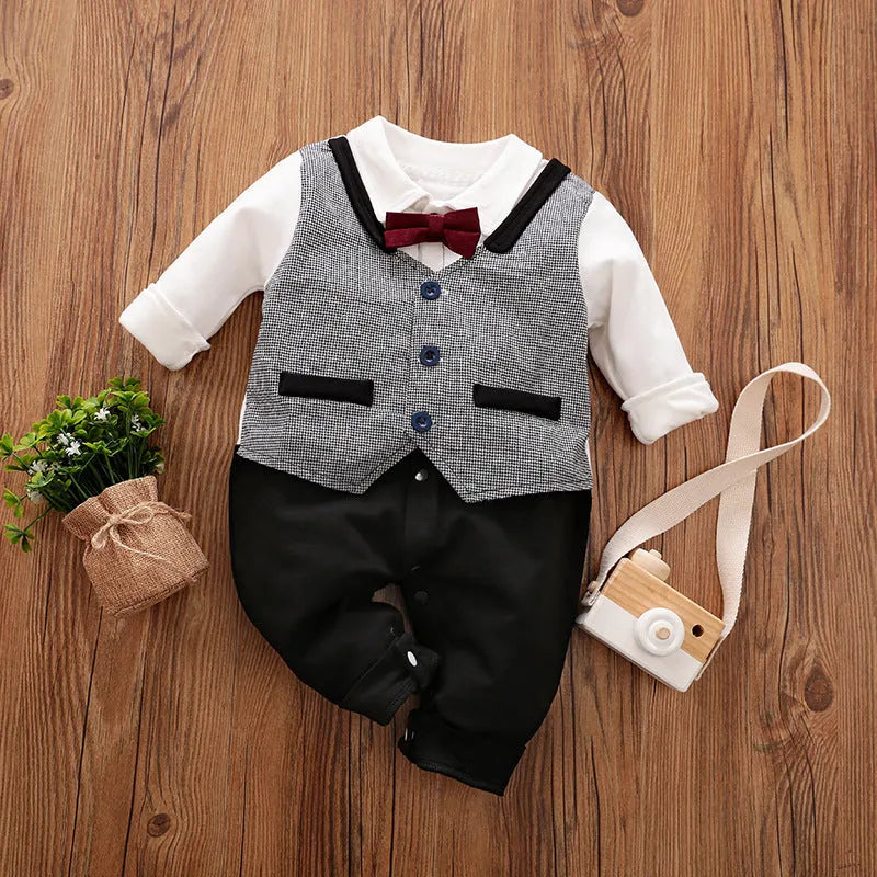 Baby jumpsuit in navy blue gentleman style with long sleeves for spring and autumn wear