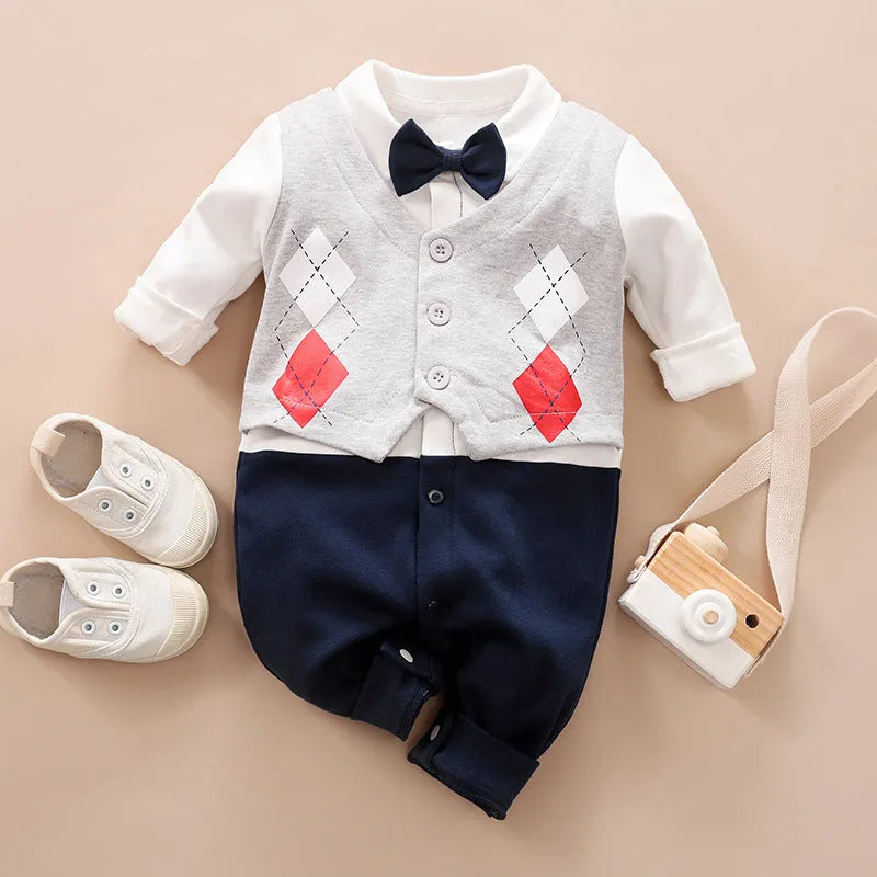 Baby jumpsuit in navy blue gentleman style with long sleeves for spring and autumn wear