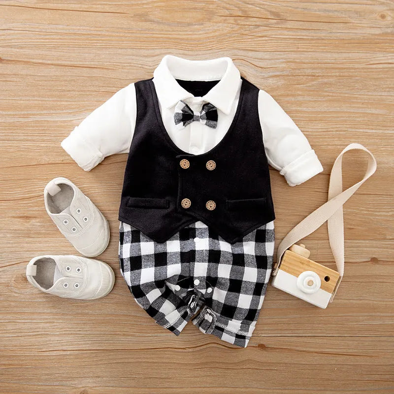 Baby jumpsuit in navy blue gentleman style with long sleeves for spring and autumn wear