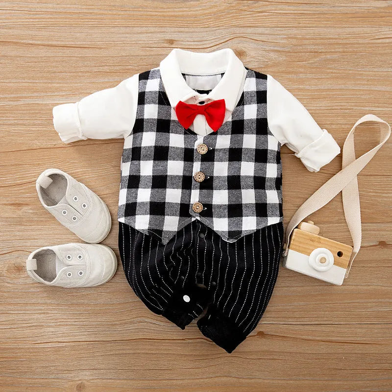Baby jumpsuit in navy blue gentleman style with long sleeves for spring and autumn wear