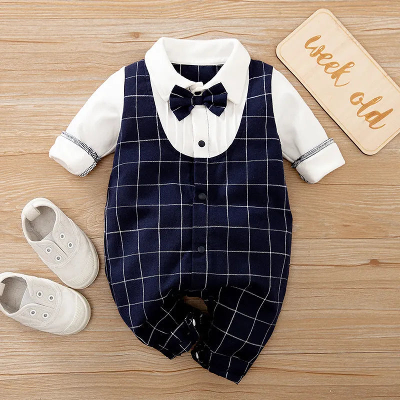 Baby jumpsuit in navy blue gentleman style with long sleeves for spring and autumn wear
