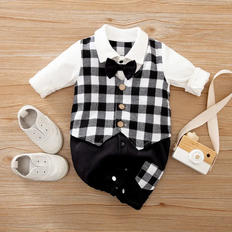 Baby jumpsuit in navy blue gentleman style with long sleeves for spring and autumn wear