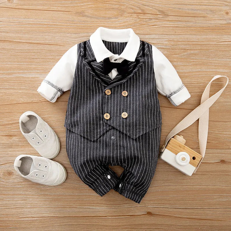 Baby jumpsuit in navy blue gentleman style with long sleeves for spring and autumn wear