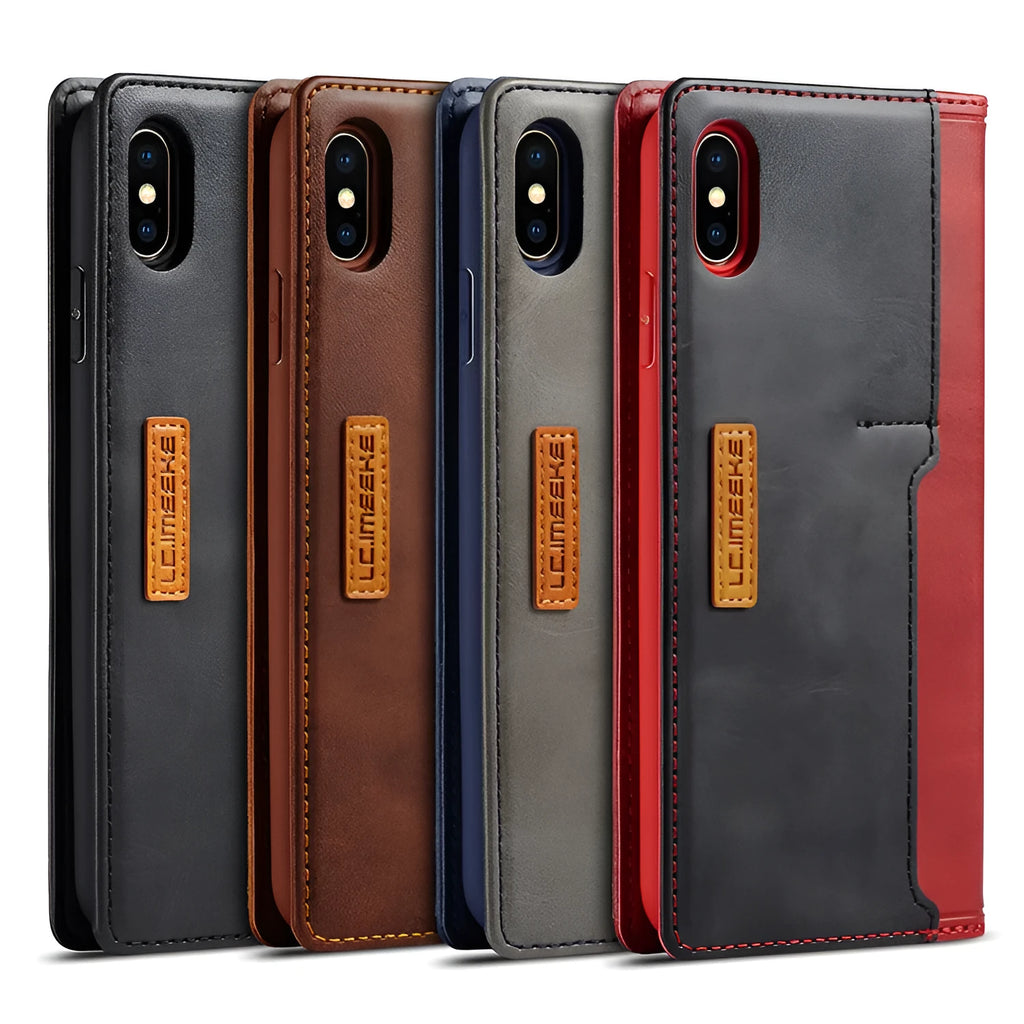 Retro black leather and PU flip wallet case for iPhone with integrated card slots.