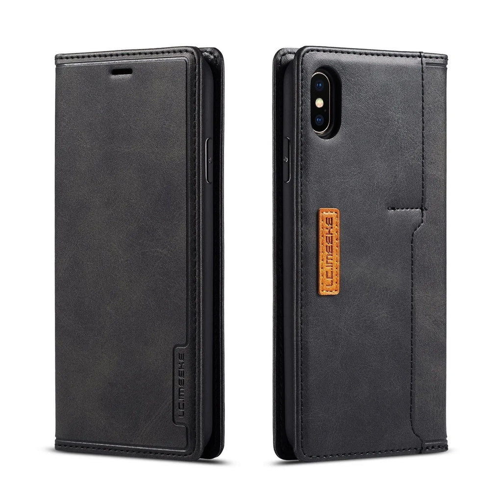 Retro black leather and PU flip wallet case for iPhone with integrated card slots.