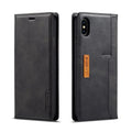 Retro black leather and PU flip wallet case for iPhone with integrated card slots.
