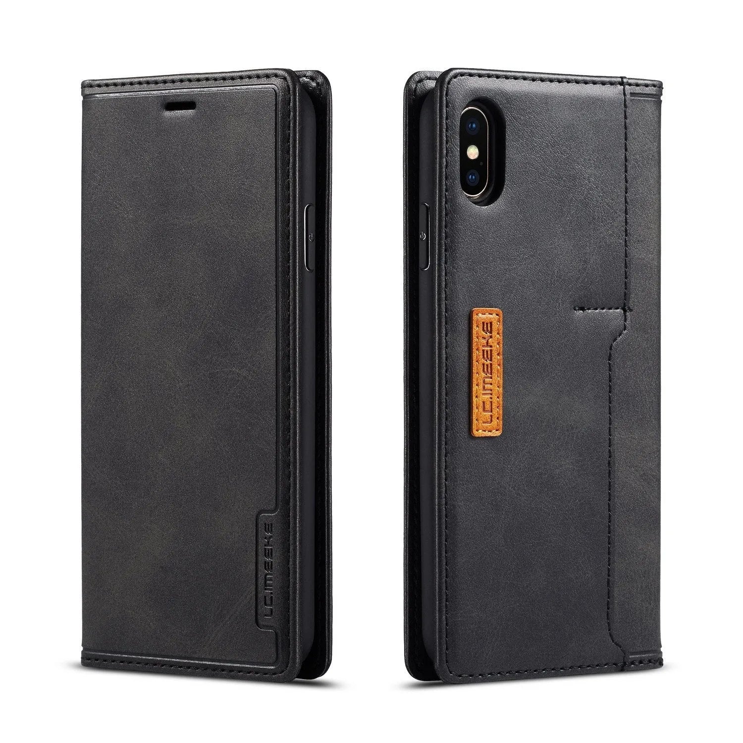 Retro black leather and PU flip wallet case for iPhone with integrated card slots.