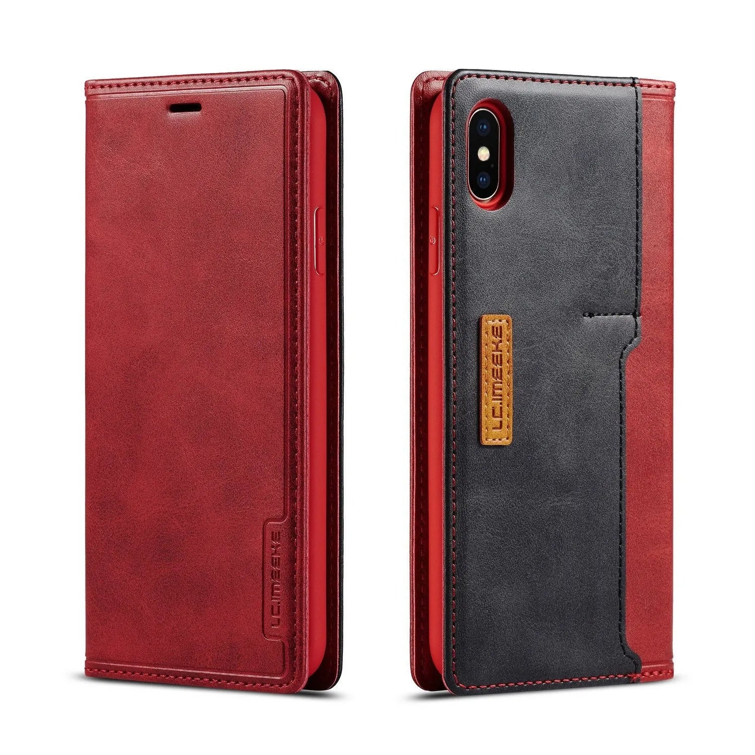 Retro black leather and PU flip wallet case for iPhone with integrated card slots.