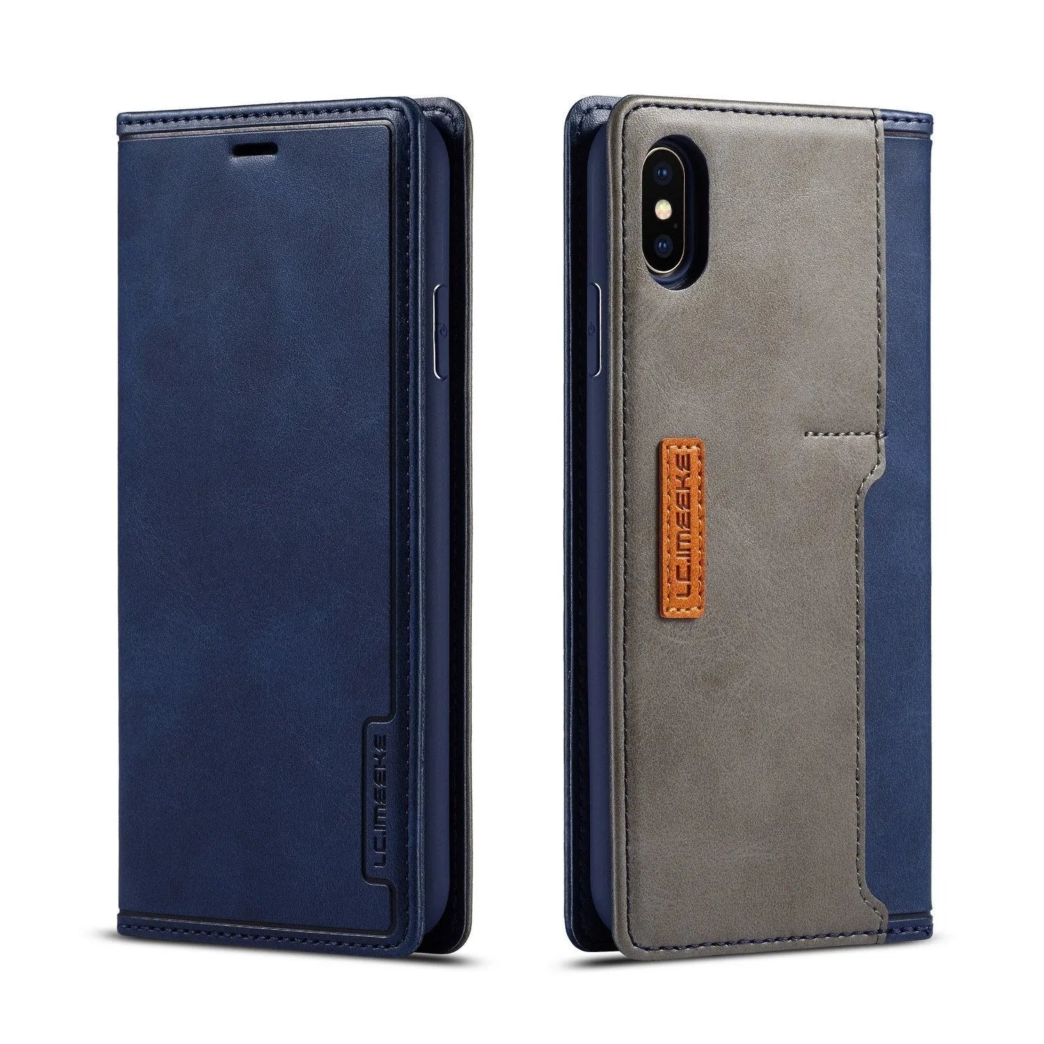 Retro black leather and PU flip wallet case for iPhone with integrated card slots.