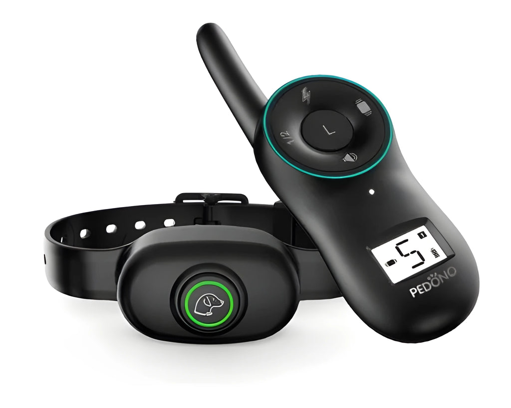 Black rechargeable remote dog training collar with waterproof bark control features