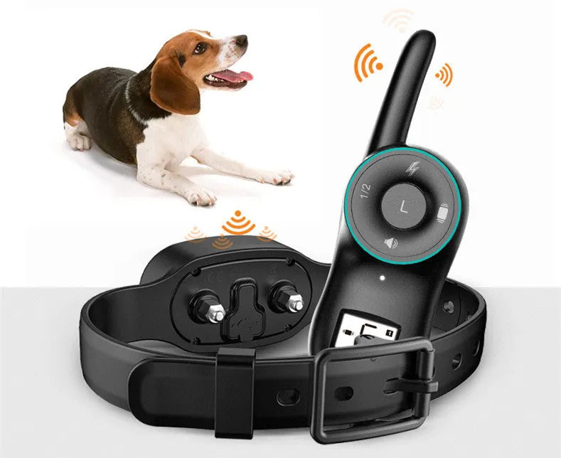 Black rechargeable remote dog training collar with waterproof bark control features