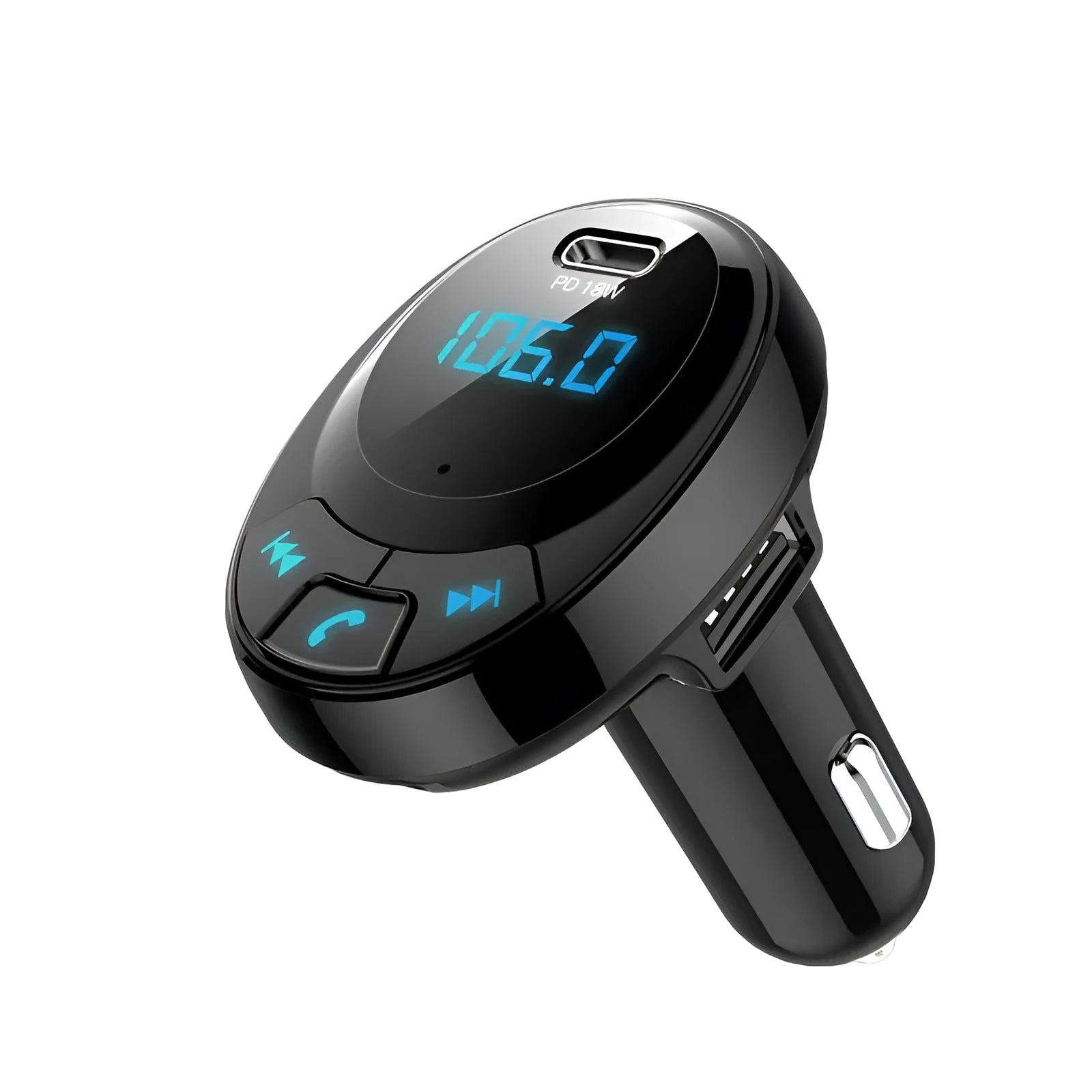 Black Bluetooth car MP3 player with digital display and dual USB charging ports