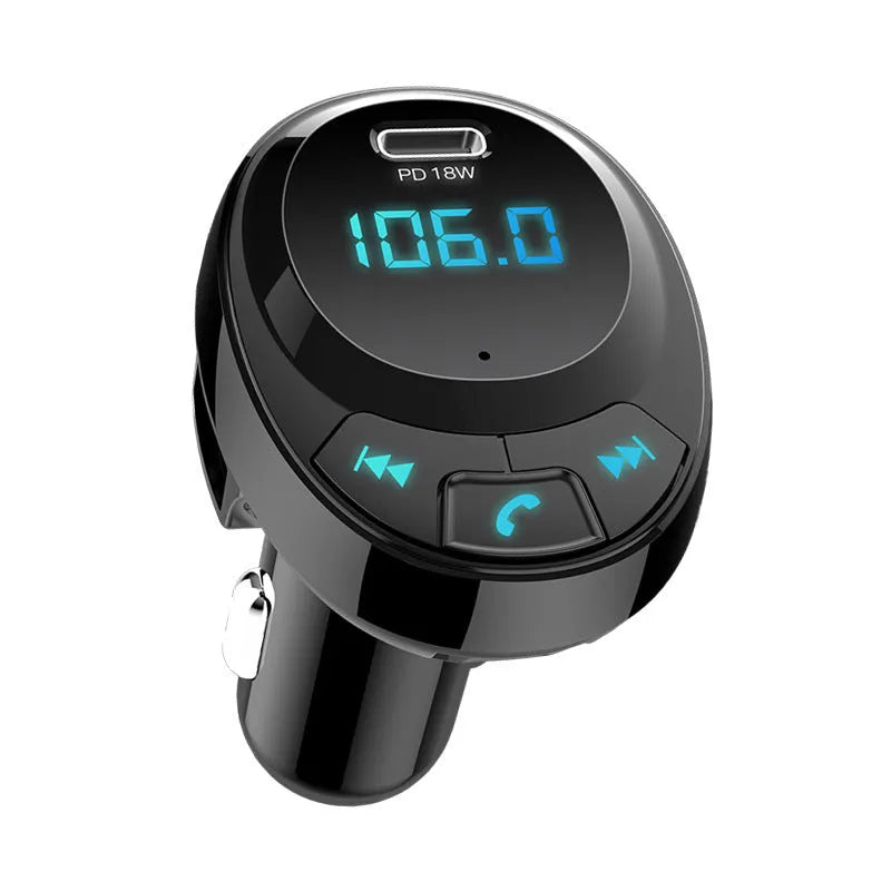 Black Bluetooth car MP3 player with digital display and dual USB charging ports