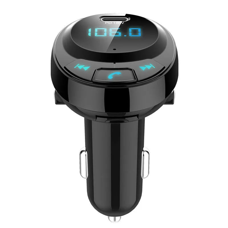 Black Bluetooth car MP3 player with digital display and dual USB charging ports