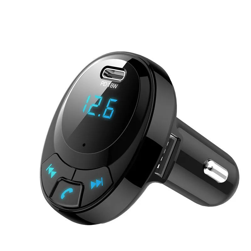 Black Bluetooth car MP3 player with digital display and dual USB charging ports
