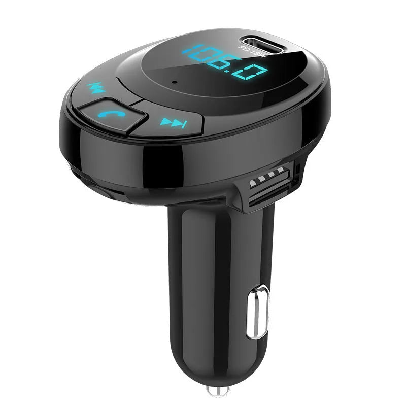 Black Bluetooth car MP3 player with digital display and dual USB charging ports
