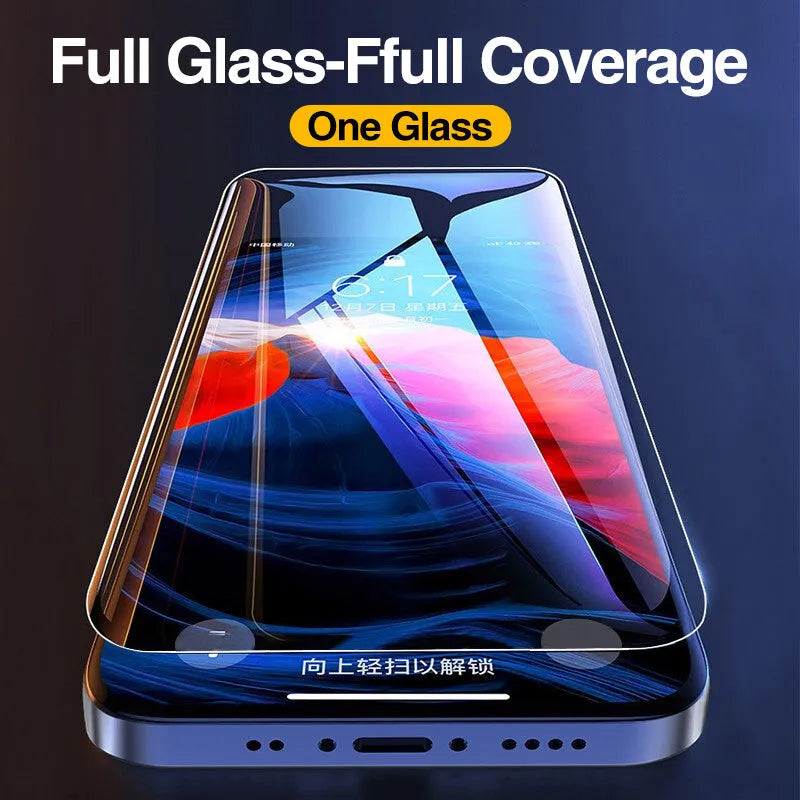Four transparent tempered glass screen protectors for iPhone models on a clean surface.