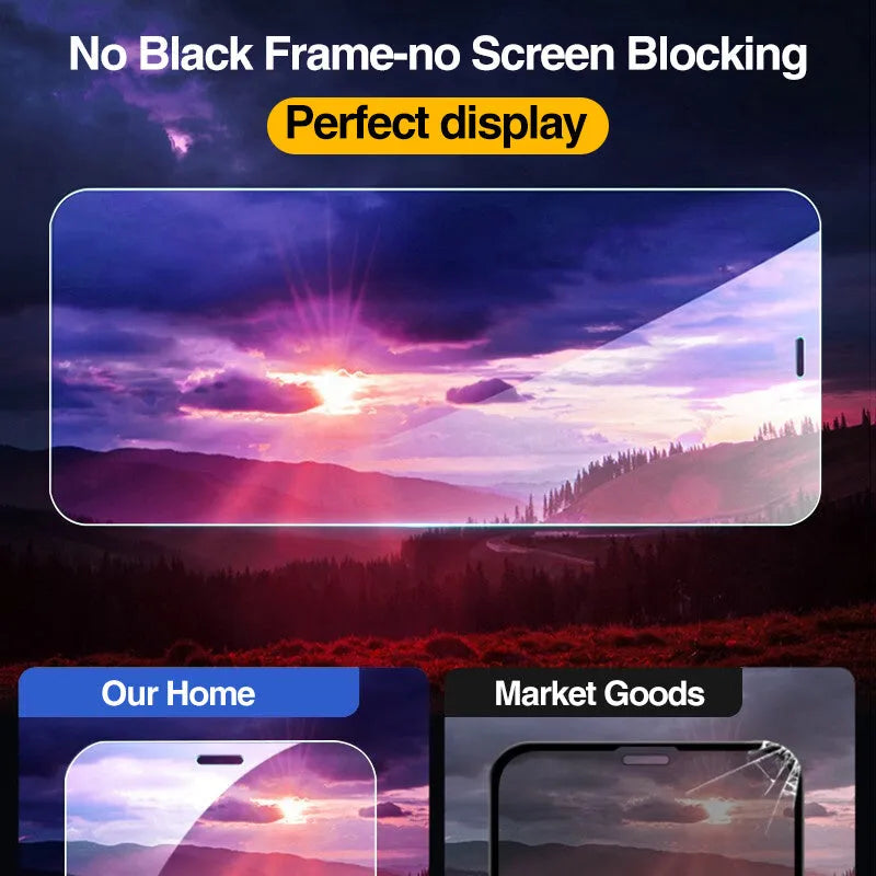 Four transparent tempered glass screen protectors for iPhone models on a clean surface.