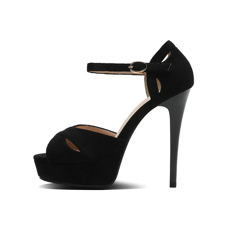 Black women's stiletto sandals with fish mouth toe and waterproof platform in Roman style design