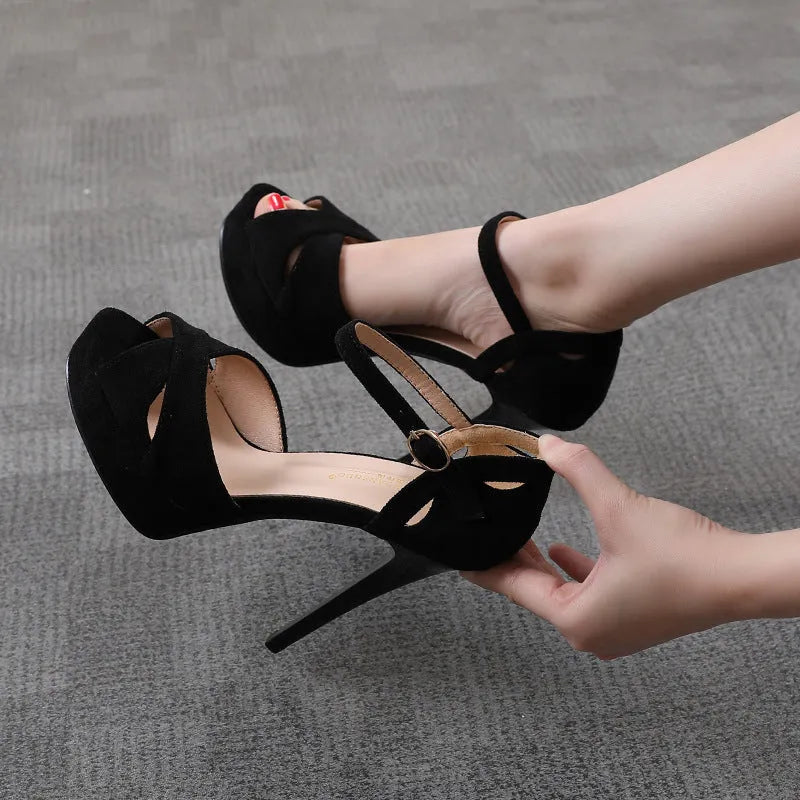 Black women's stiletto sandals with fish mouth toe and waterproof platform in Roman style design