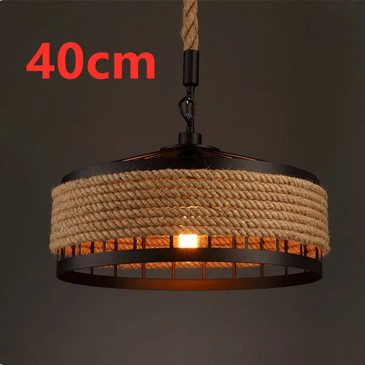Round American retro hemp rope chandelier with wrought iron shade and body