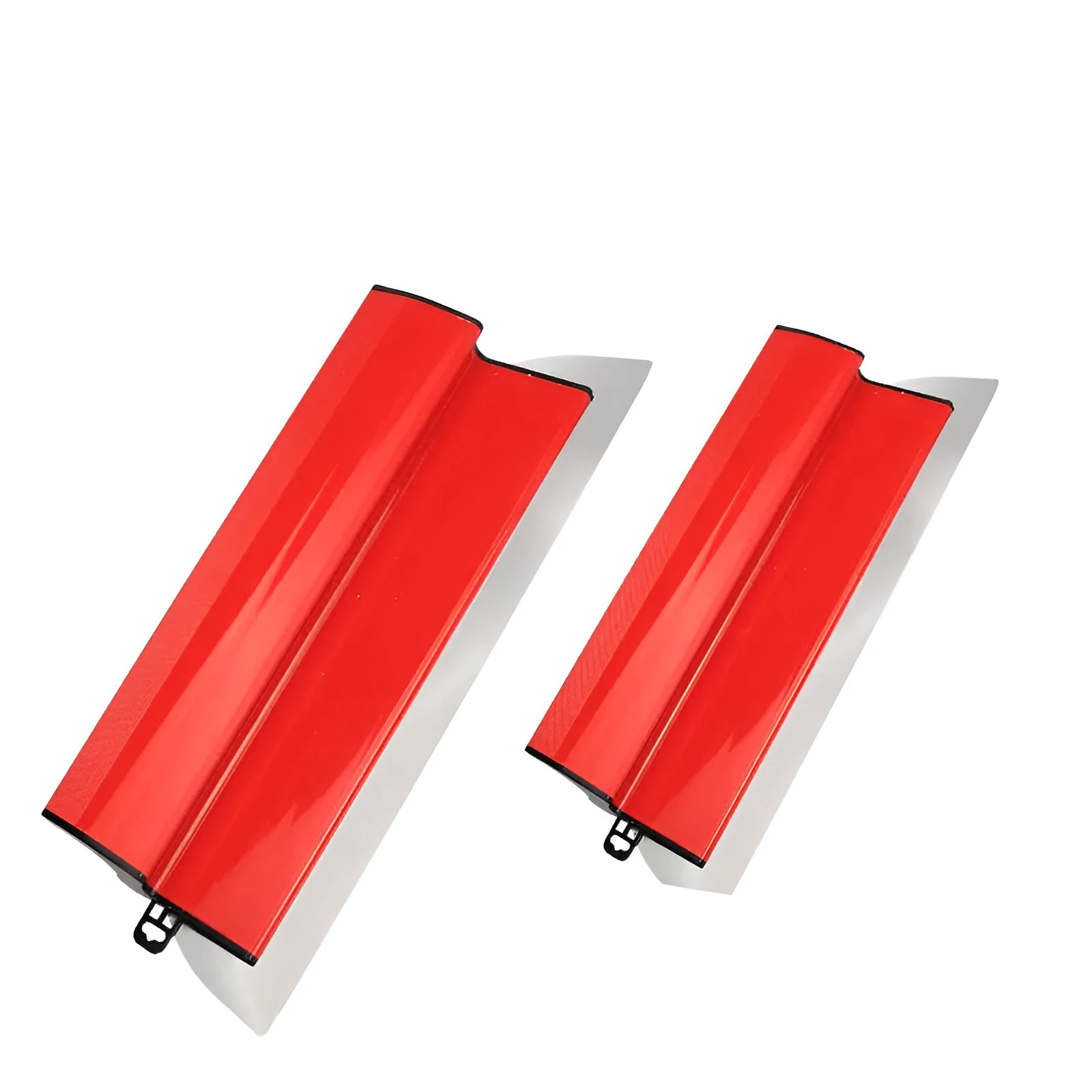 Red leveling scraper tool with a 40cm long steel blade for wall putty and wallpaper paste.