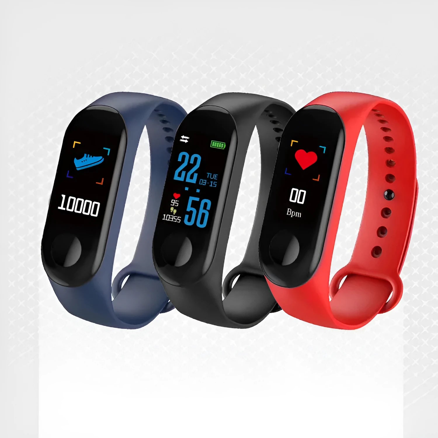M3 Smart Bracelet with colour screen showing fitness stats on a black TPE wrist strap.