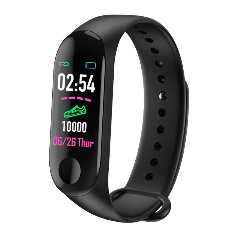 M3 Smart Bracelet with colour screen showing fitness stats on a black TPE wrist strap.
